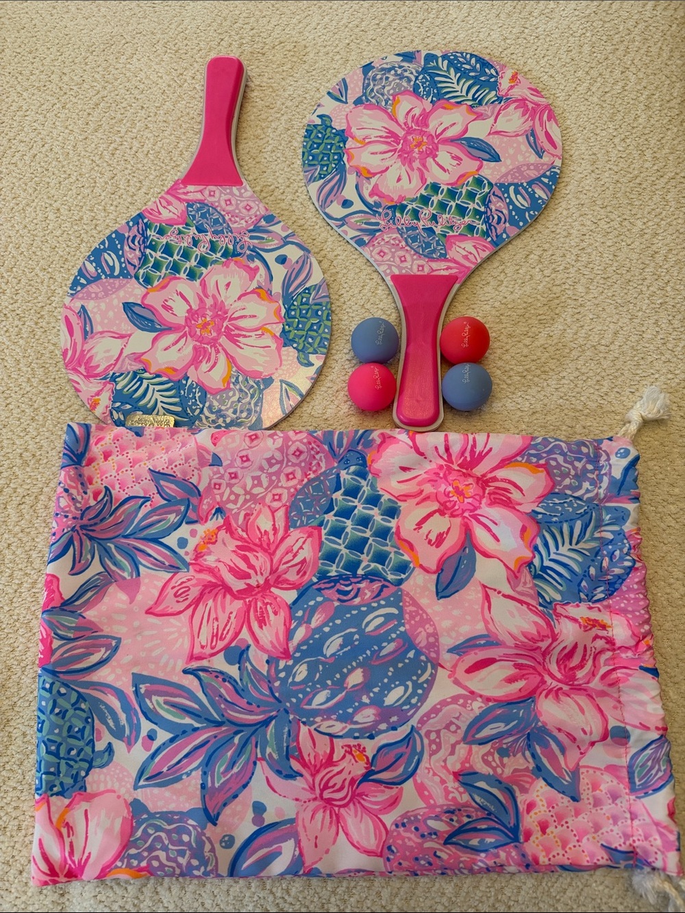Lilly Pulitzer Pink Blue Floral Paddle Ball Set